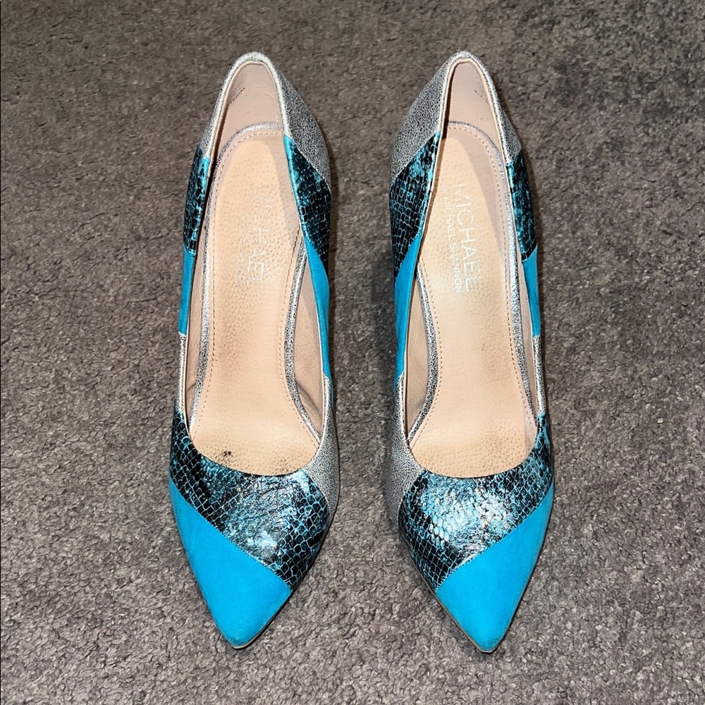 Michael Shannon Blue Black Silver Patterned Heels Vintage Look